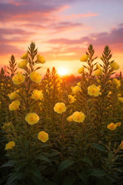 Sunset meadow of tall evening primrose wildflower garden plants, golden blooms backlit by sun